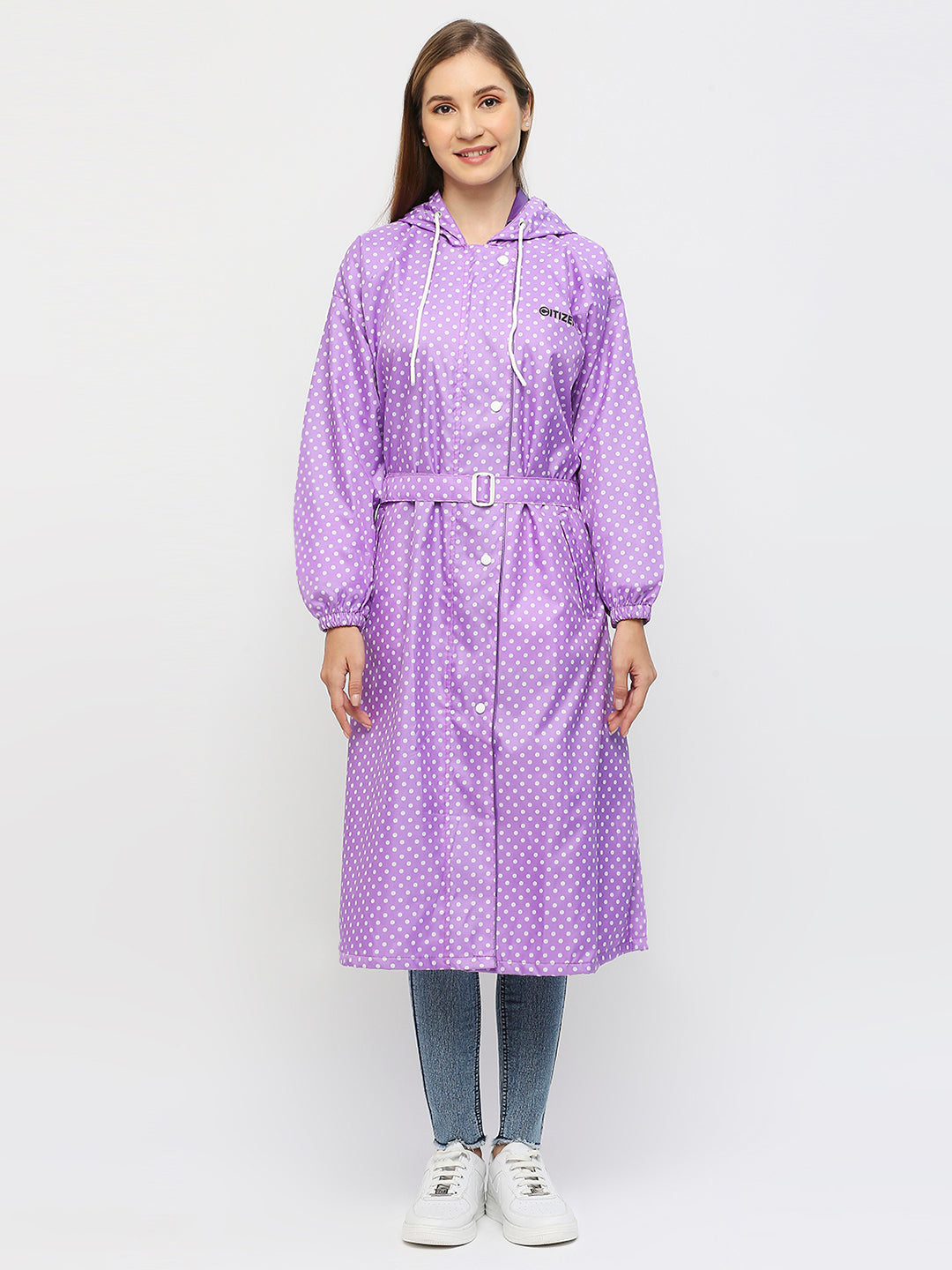 Polka Dotted Reversible Raincoat for Women with Attached Cap