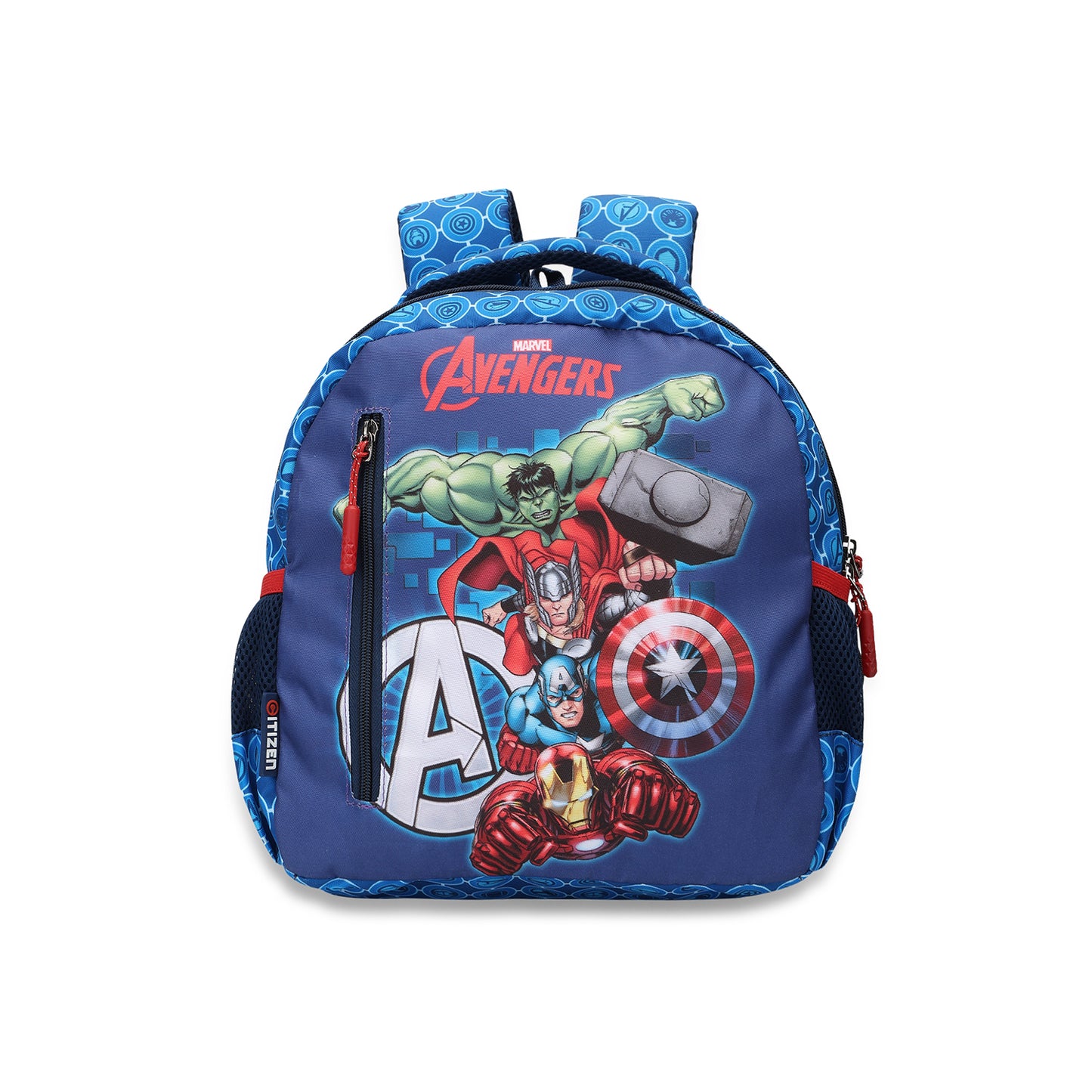 Citizen Avengers 9L Kids School Backpack for Boys , Superhero Printed, Padded Straps & Side Mesh Pockets -(Blue)