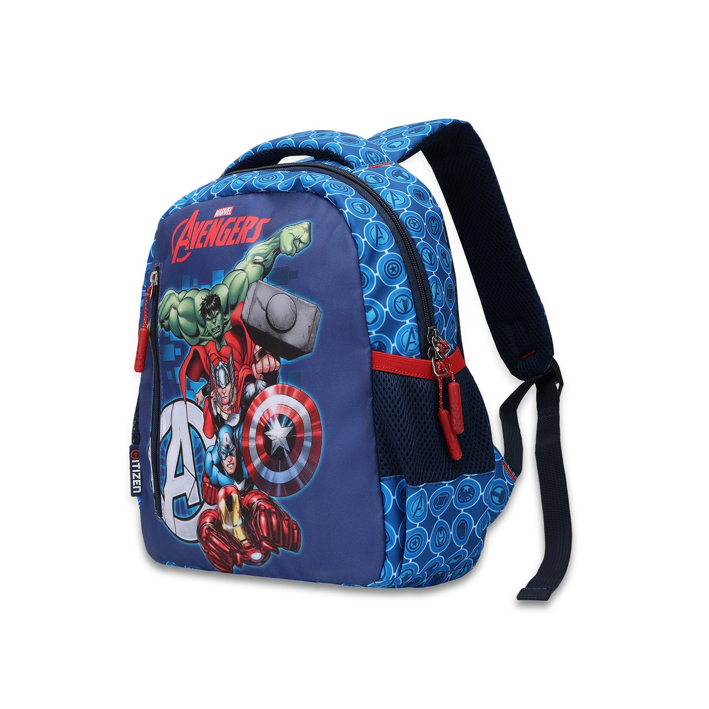 Citizen Avengers 9L Kids School Backpack for Boys , Superhero Printed, Padded Straps & Side Mesh Pockets -(Blue)
