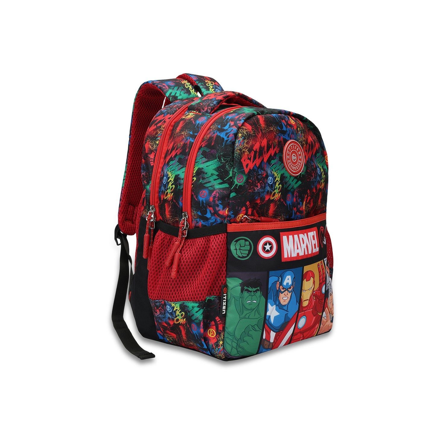 Citizen Avengers 18L Kids School Backpack for Boys ,Superheros Graphic Print , Multiple Compartments - (Red)