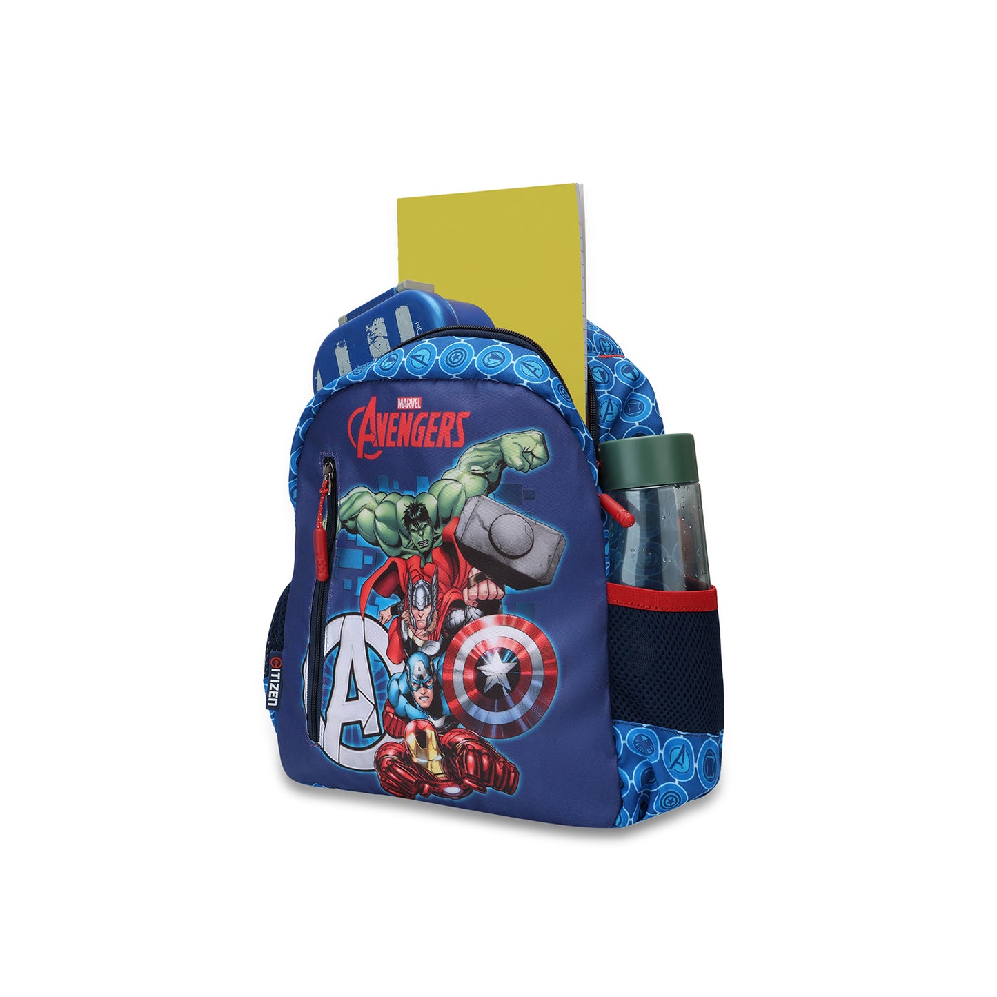 Citizen Avengers 9L Kids School Backpack for Boys , Superhero Printed, Padded Straps & Side Mesh Pockets -(Blue)
