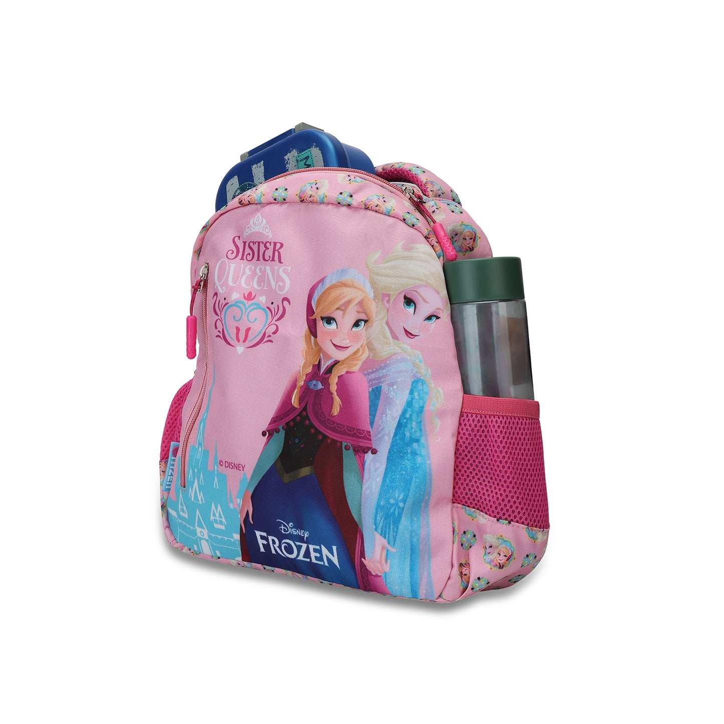 Citizen Frozen Queen 9L Kids Backpack for Girls ,Padded Straps, Front Utility Pocket & Side Mesh Pockets - (Pink)