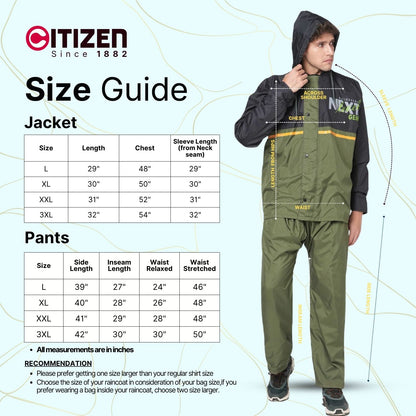 Citizen Hooded Raincoat for Men Women Waterproof for Bike Riders 180T Micro Fabric Lightweight Stylish Sealed Hood, Large Pockets, Heavy-Duty Zippers Rainwear
